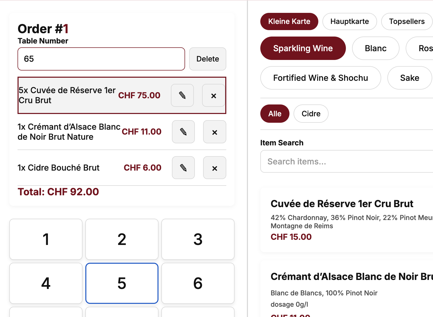 Screenshot: Bestellliste und Ziffernfeld für Mengen