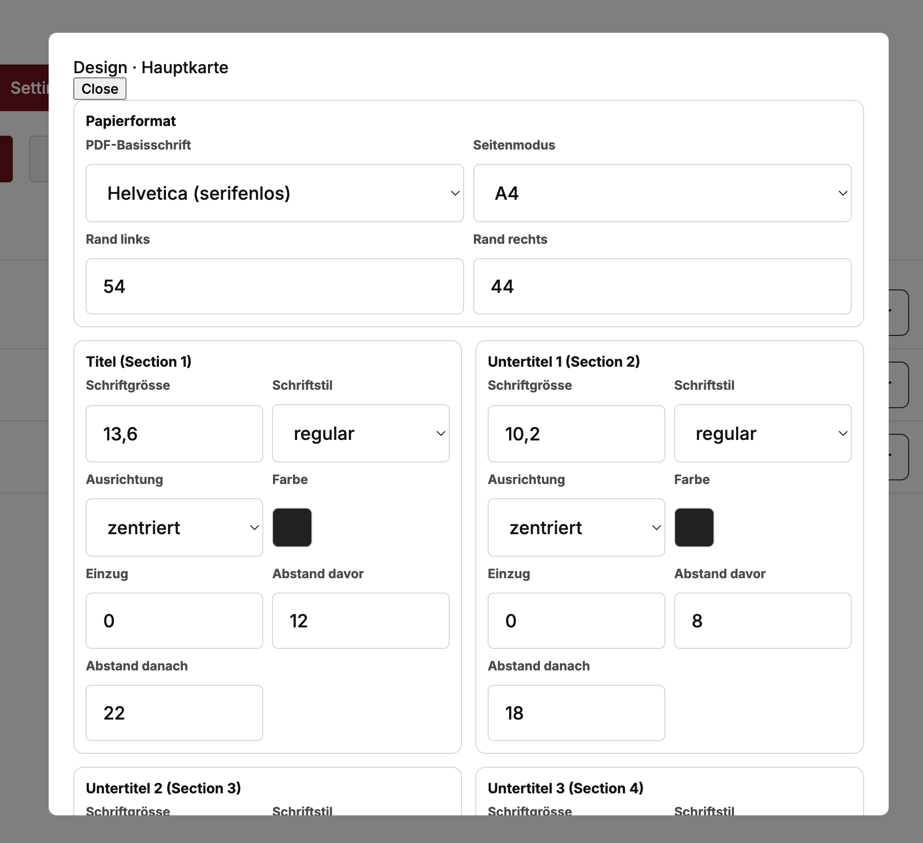 Screenshot: PDF-Design für Menükarte