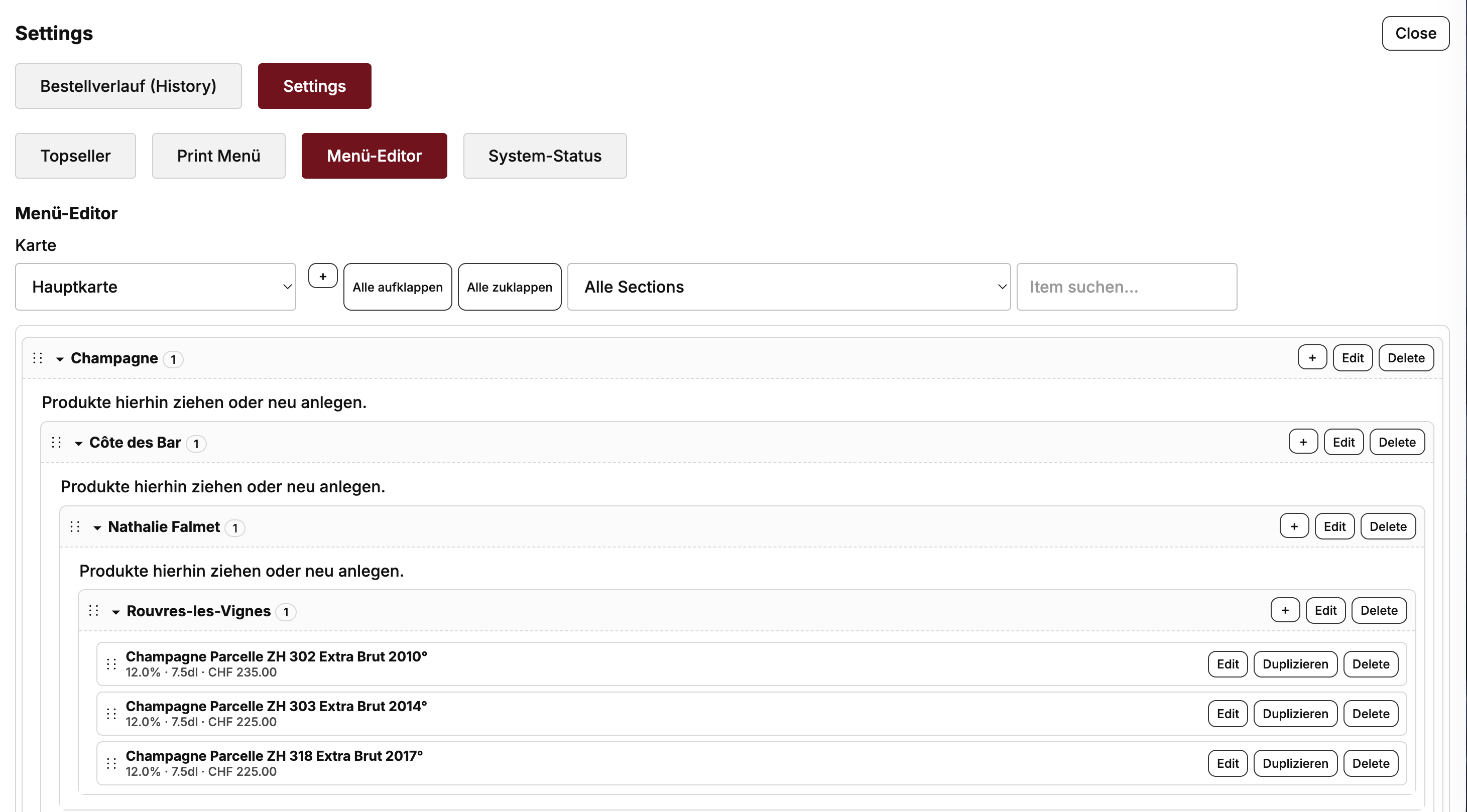 Screenshot: Menü-Editor mit Kategorien